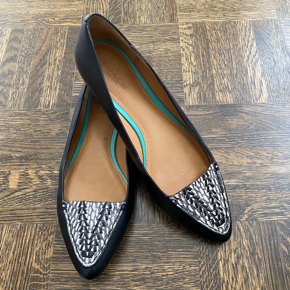 Coach Black Leather Pointed Toe Flats with Silver-Tone Woven Cap